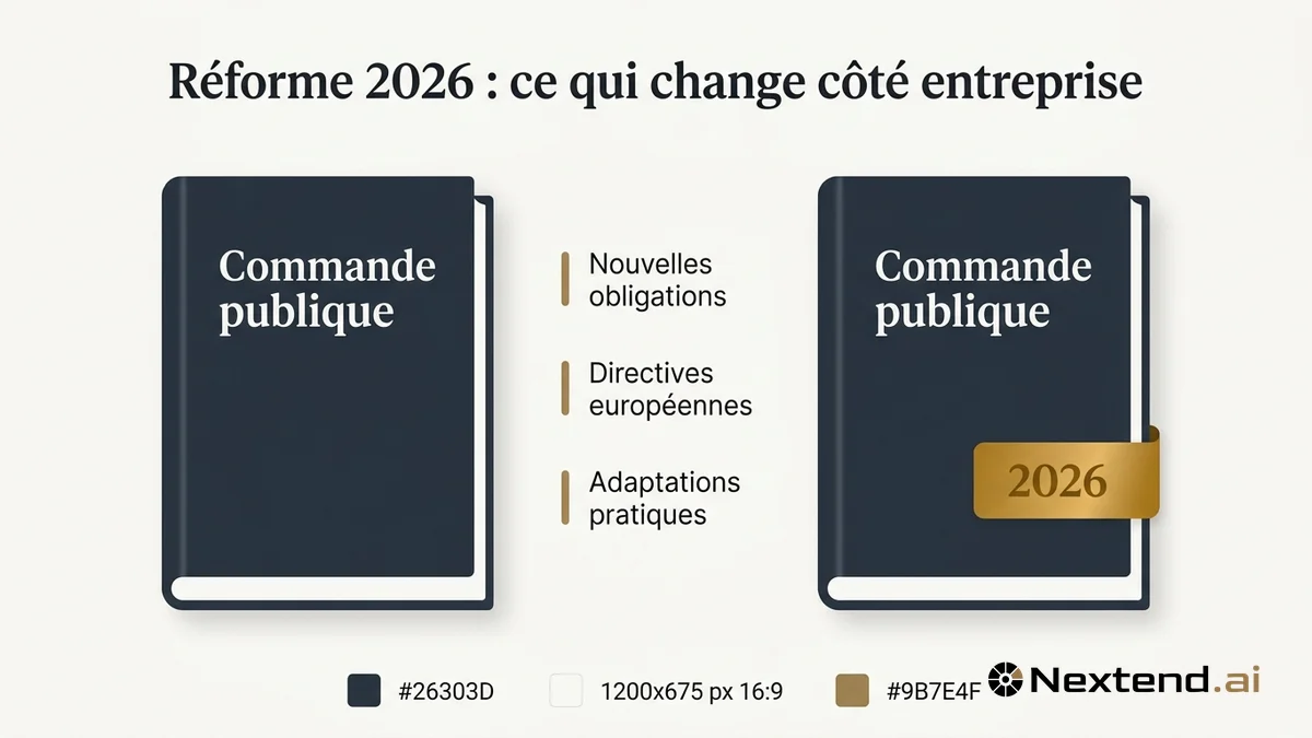 Schéma d'un livre commande publique flanqué d'un cachet 2026 et de trois puces listant les changements