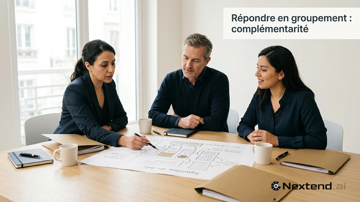 Trois dirigeants de PME étudient un plan de répartition des lots et des dossiers ouverts pour répondre en groupement