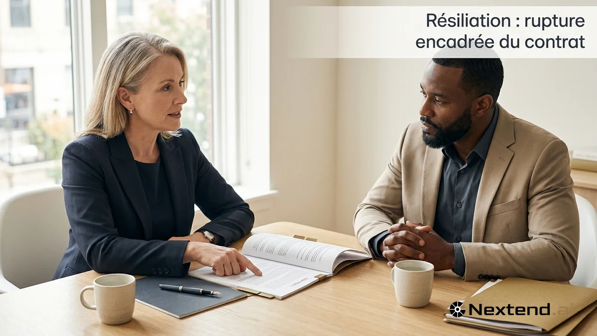 Femme et homme dialoguent calmement autour d'un contrat ouvert avec signets lors d'une réunion de résiliation