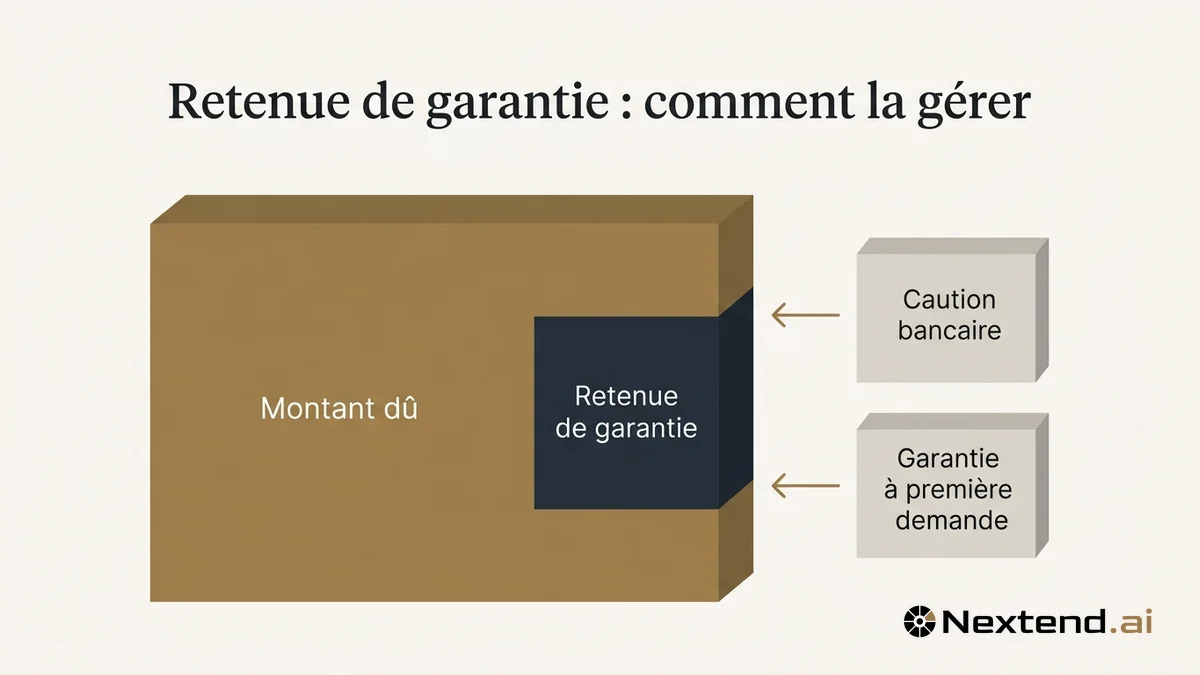 Schéma d'un rectangle montant dû dont une part retenue de garantie est reliée à des alternatives bancaires