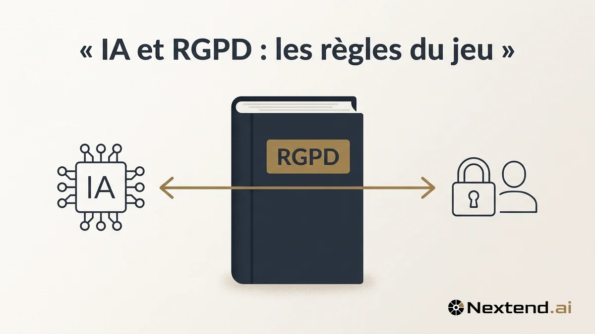 Illustration d'un livre RGPD reliant puce neuronale IA et cadenas de données personnelles par une double flèche