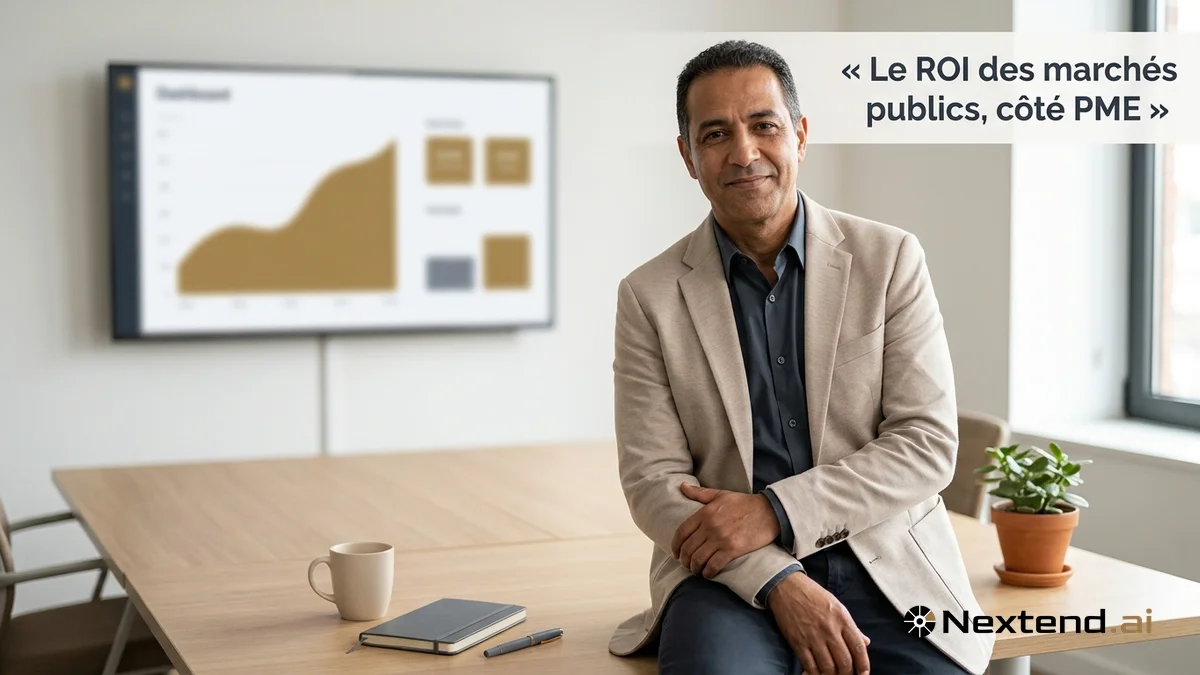 Dirigeant de PME détendu devant un écran mural affichant un tableau de bord à courbe ascendante