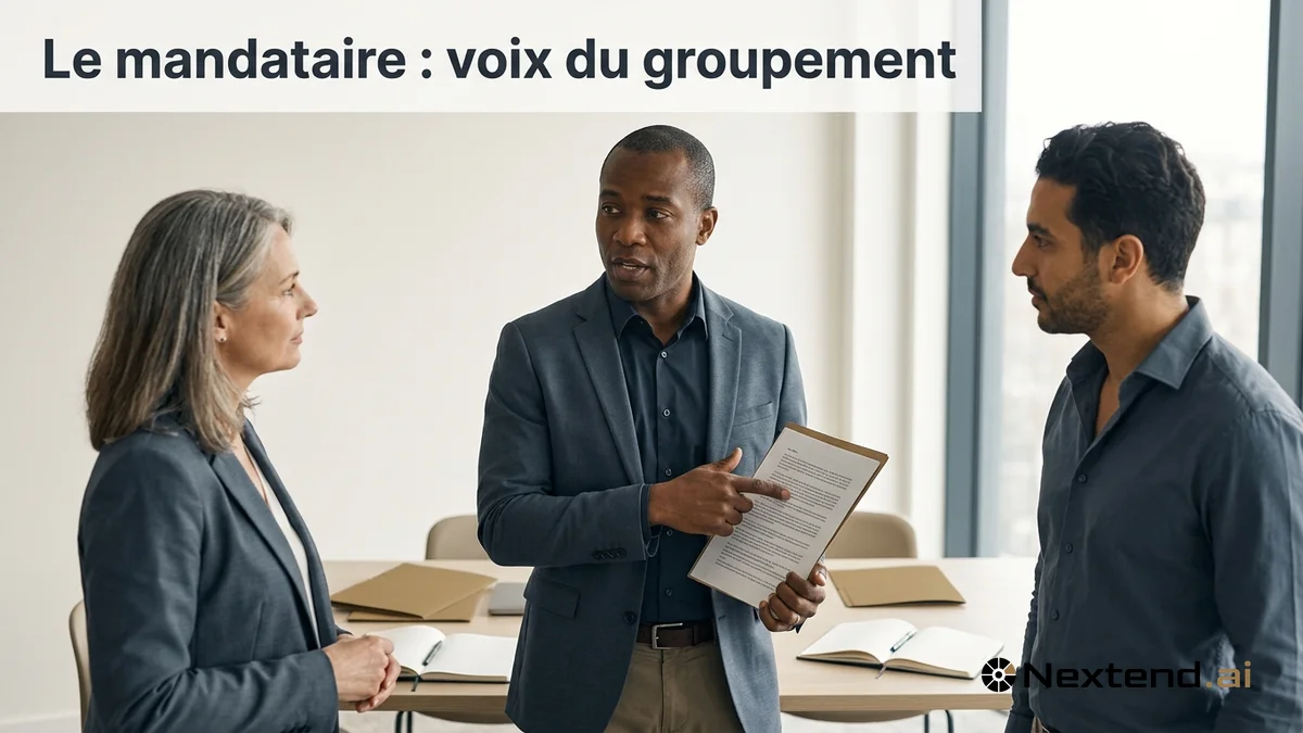 Mandataire expose un dossier à deux partenaires debout dans une salle de réunion pour un groupement d'entreprises