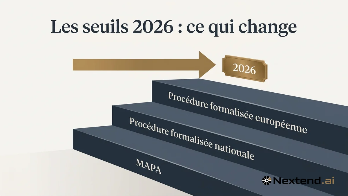 Illustration d'un escalier à trois marches MAPA, procédure formalisée nationale et européenne avec repère 2026