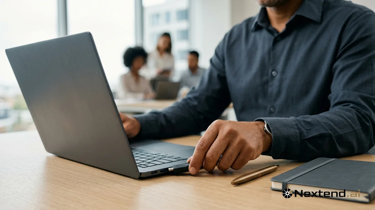 Mains d'un dirigeant insérant une clé USB cryptographique dans un ordinateur portable pour signer électroniquement