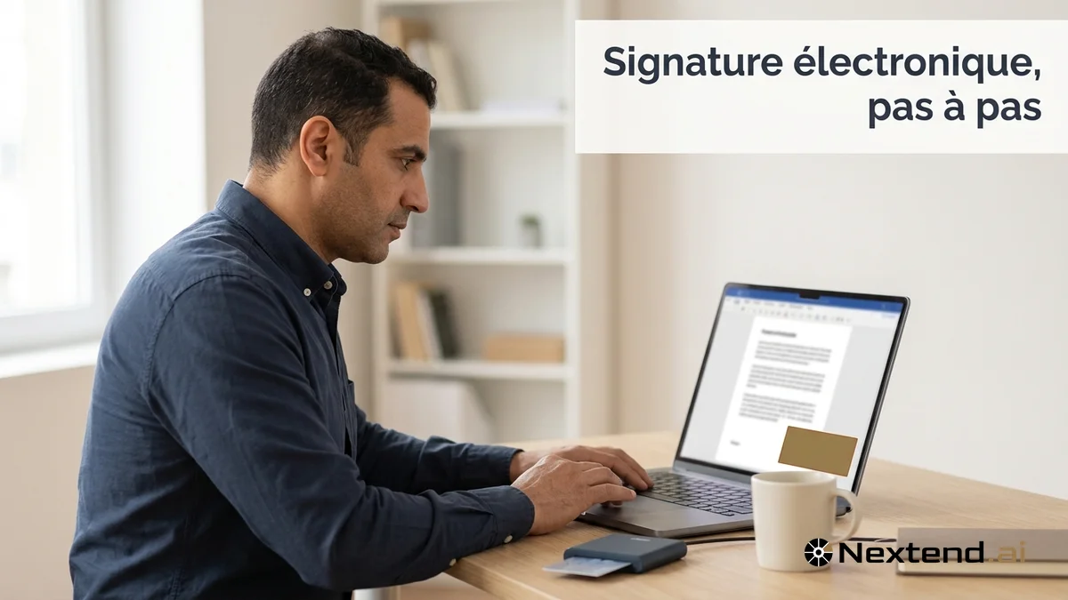 Professionnel valide une signature électronique sur son ordinateur portable à côté d'un lecteur de carte à puce