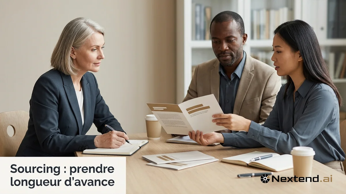 Acheteuse publique et deux fournisseurs échangent autour de brochures lors d'une réunion de sourcing