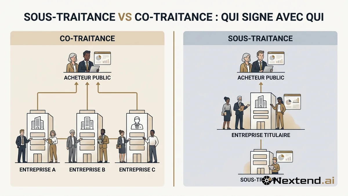 Infographie comparative opposant co-traitance à trois entreprises signataires et sous-traitance en cascade
