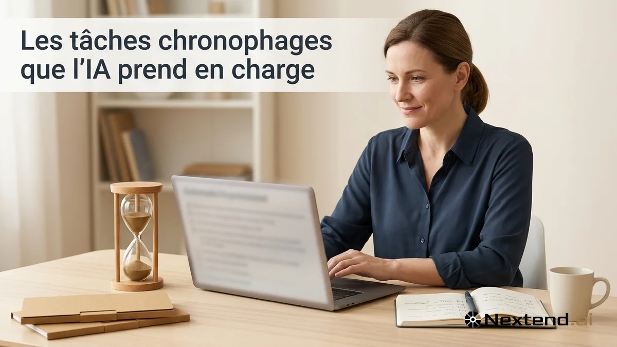 Professionnelle sereine à son bureau face à son écran et un sablier au sable doré qui défile