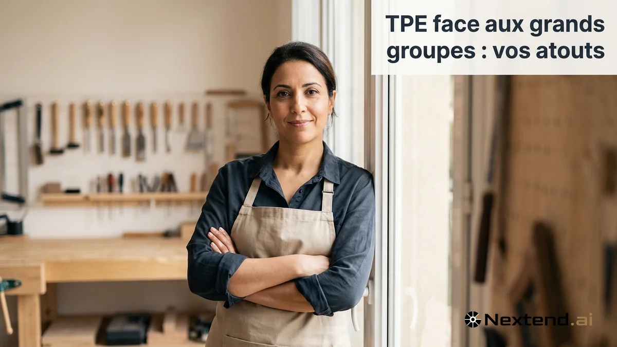 Dirigeante de TPE en tablier d'atelier pose bras croisés devant son atelier artisanal rangé