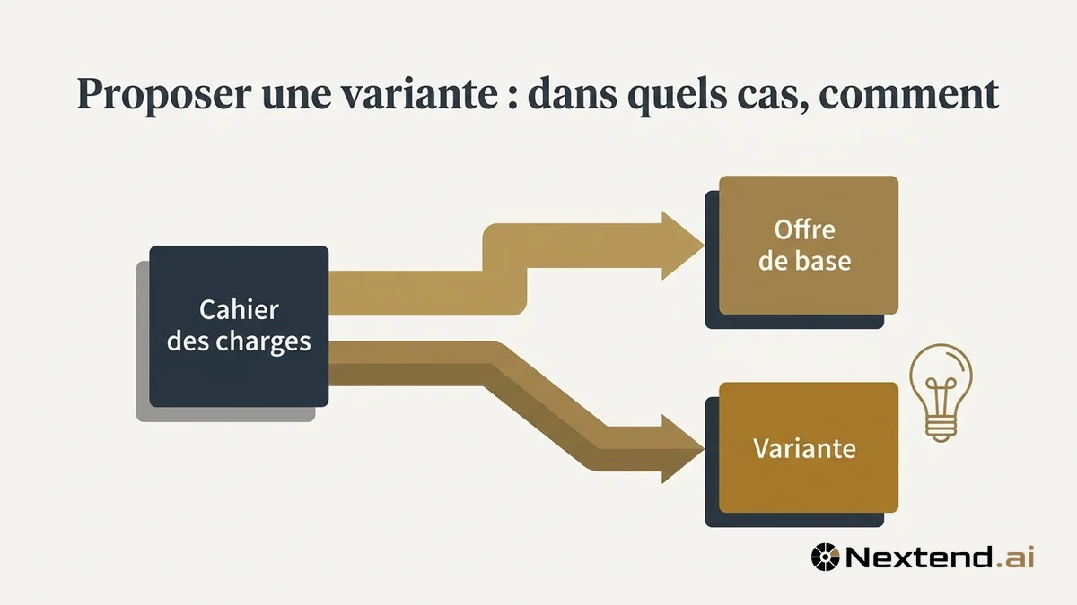 Infographie de deux chemins partant d'un cahier des charges vers une offre de base et une variante avec ampoule